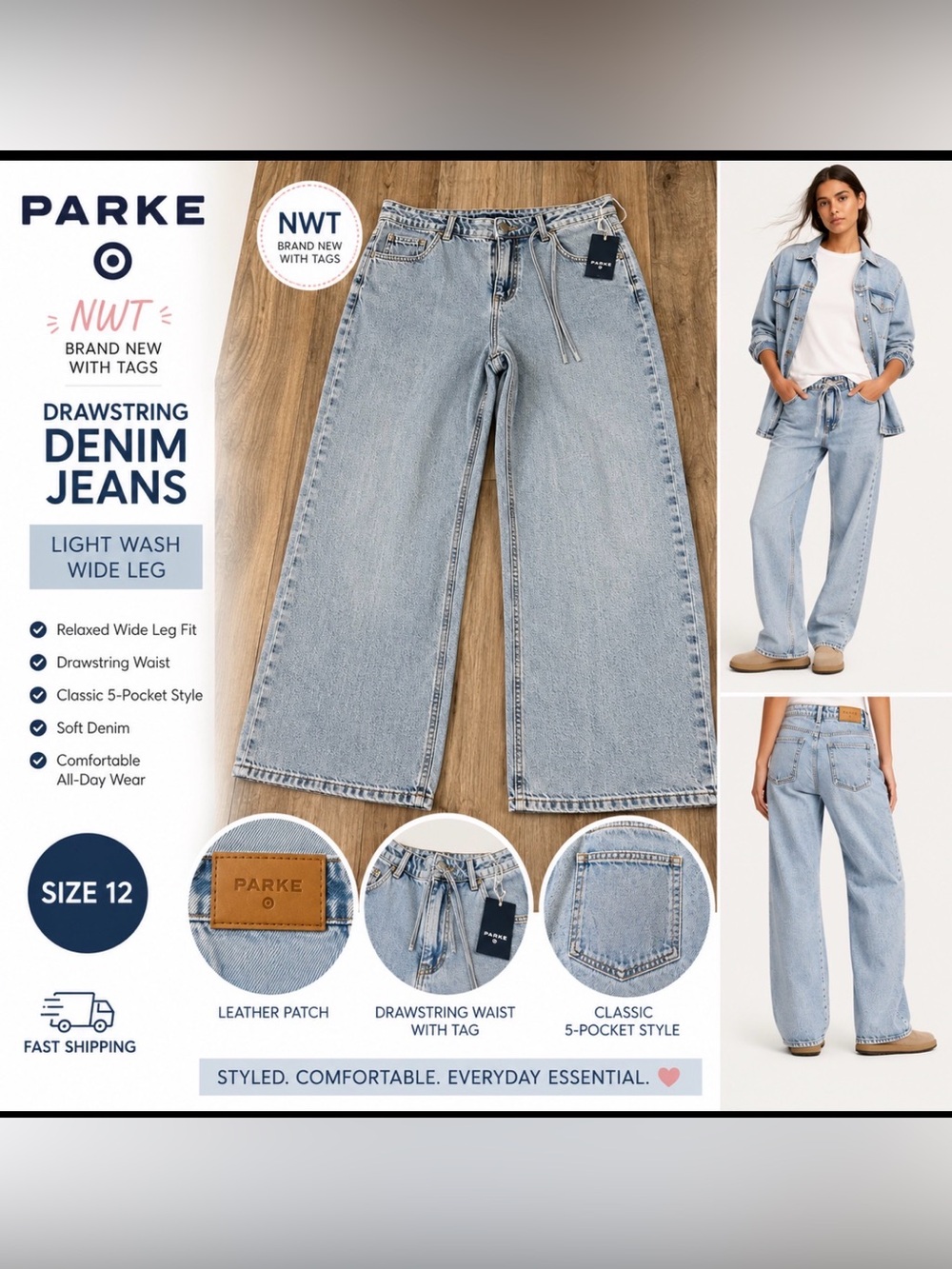 NWT Parke Target Light Wash Drawstring Wide Leg Jeans Women size 12